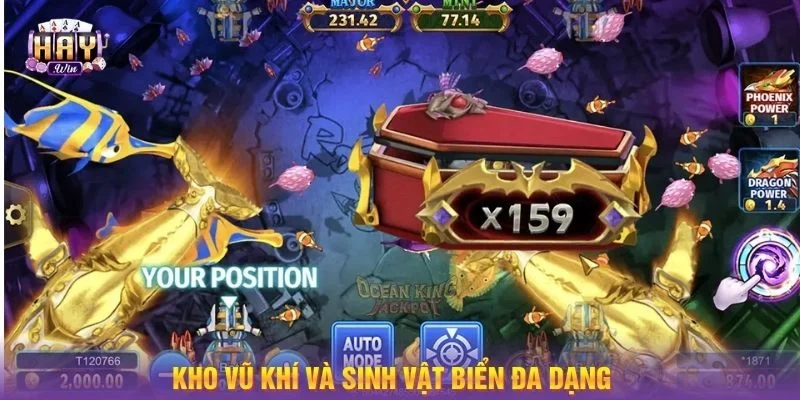 Kho vũ khí và hệ thống sinh vật đa dạng hàng đầu tại sảnh chơi slot Vua biển Jackpot.